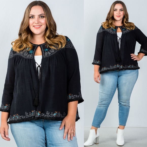 Sweaters - PLUS SIZE BLACK EMBROIDERY FLOWER TASSEL CARDIGAN
